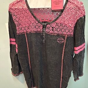 Harley Davidson Pink and Black Crochet Distressed-Look Top